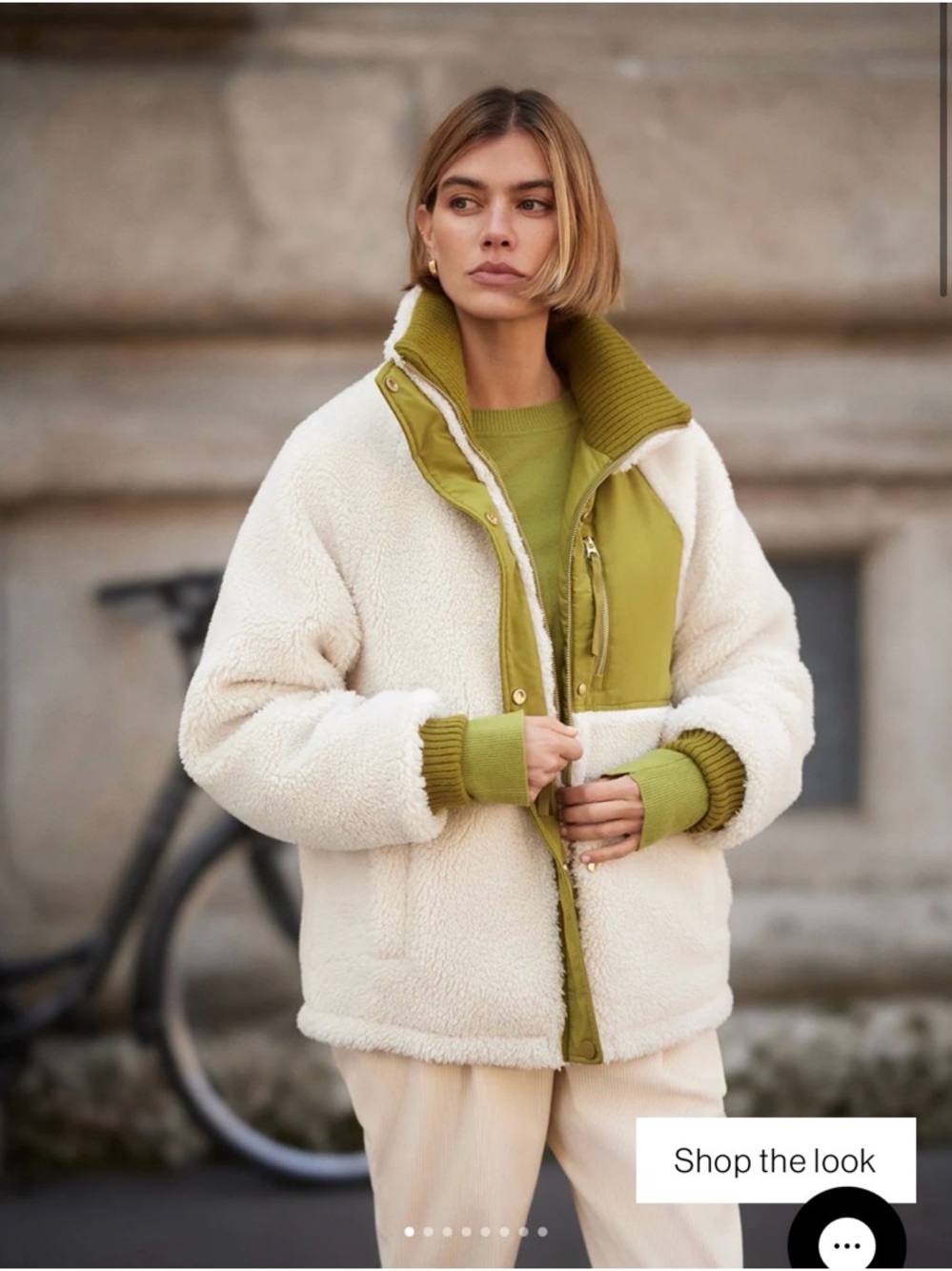 Varley Cream Sherpa Jacket with Olive Trim